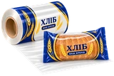 Рулон плівки з українським друком і приклад сформованого паковання для хліба