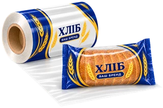 Рулон плёнки с украинской печатью и пример сформированной упаковки для хлеба