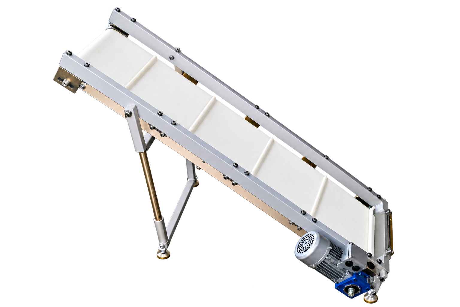 Short inclined outfeed for finished bags, distinct from a long horizontal conveyor.