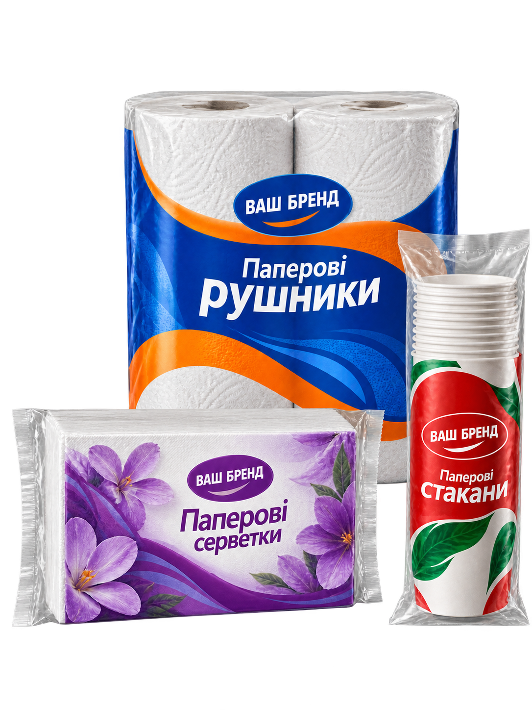 Packaging for tissues, towels and disposable tableware
